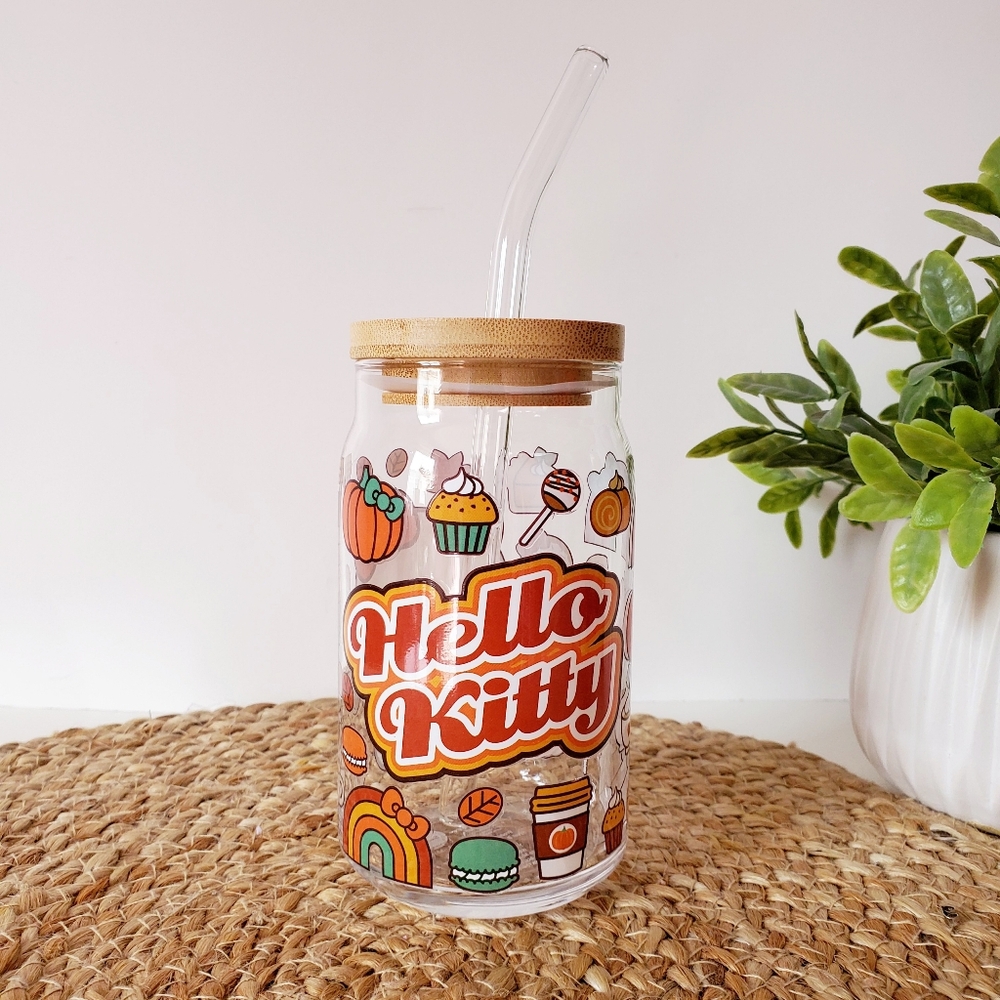 Hello Kitty Fall Pumpkin Spice Glass Tumbler With Glass Straw & Bamboo Lid 16oz - Picture 2 of 5